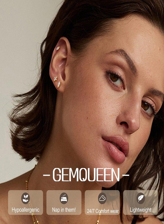 GEMQUEEN أقراط GEMQUEEN من التيتانيوم النقي، ذات ظهر مسطح، مطلية بالذهب عيار 14 قيراط، مضادة للحساسية، 3 قطع، مقاس 18G، بخيط داخلي، مناسبة لثقب الزنمة، الصدفة، الحلزون، الشفة، مجوهرات ثقب الأذن الحساسة للنساء والرجال، مرصعة بحجر زركونيا مكعب من الدرجة 5A - Image 2